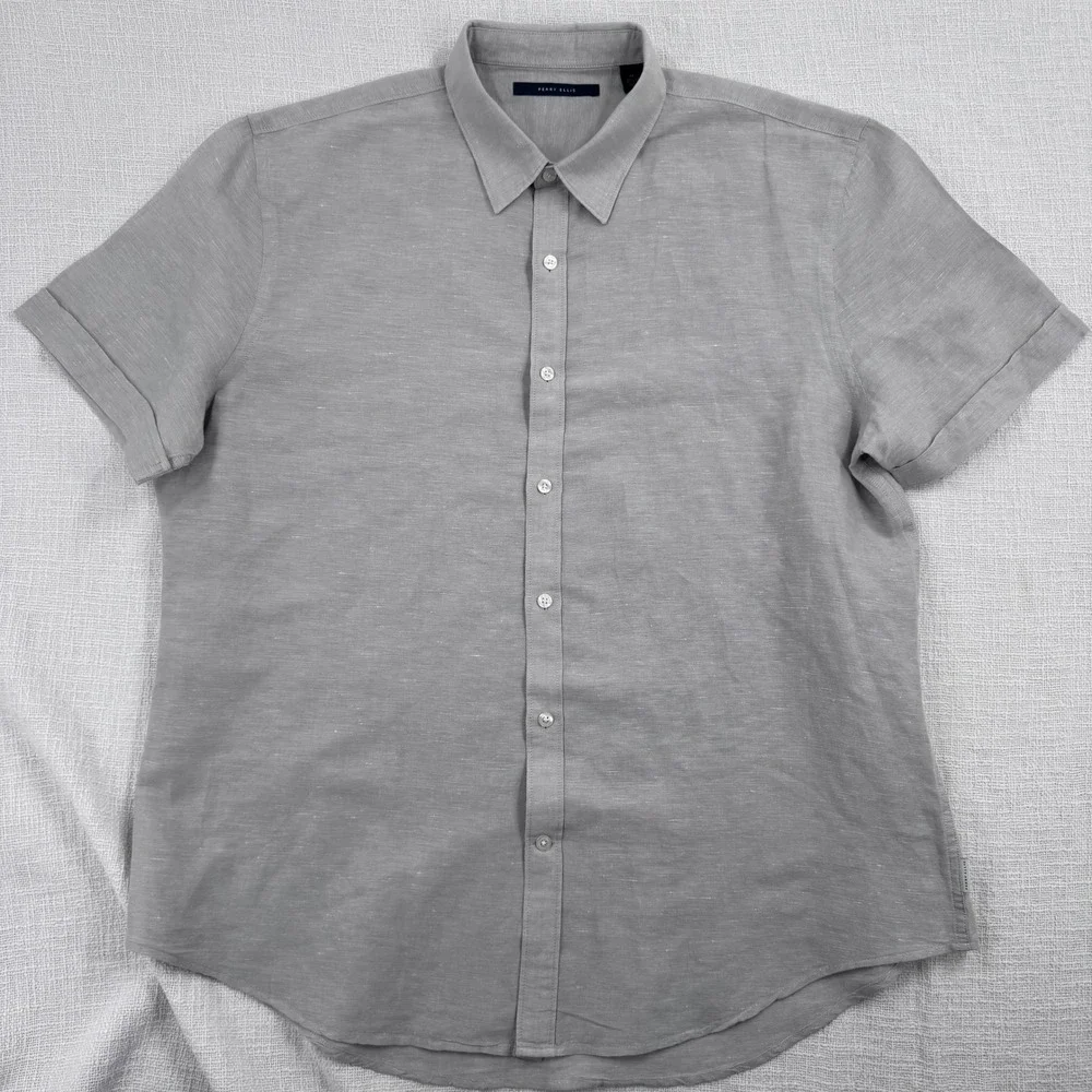 Perry Ellis Mens XL Tan Linen Cotton Blend Short Sleeve Button Up Shirt